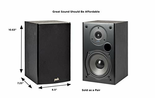 Polk Audio bookshelf speakers, dimensions shown, sold as a pair.