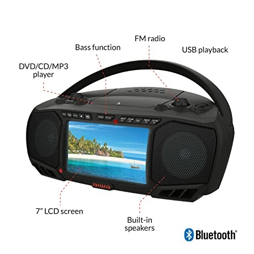 Portable boombox with 7-inch LCD screen, FM radio, USB playback, DVD/CD/MP3 player, bass function, built-in speakers, and Bluetooth.