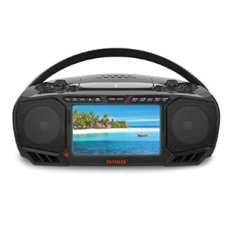 Portable boombox radio with a screen displaying a beach scene.