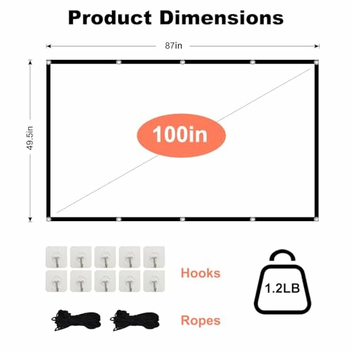 Diagram showing 100-inch projector screen dimensions with hooks and ropes.