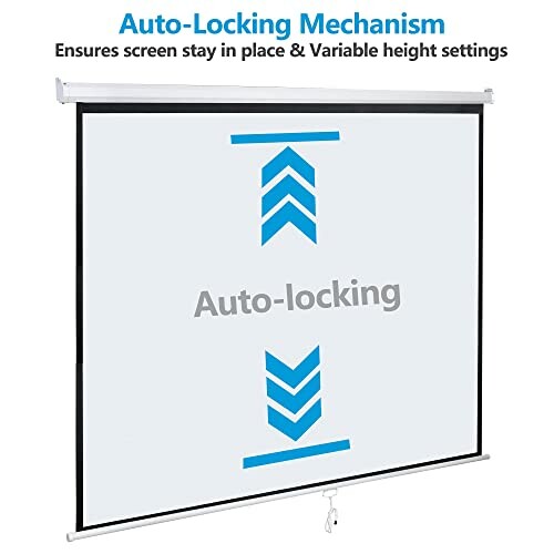 Projector screen with auto-locking mechanism and variable height settings.