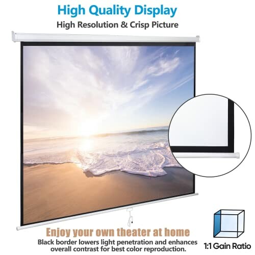 Projector screen with high quality display and black border.