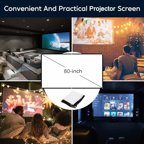 Collage of a convenient and practical projector screen in various home theater settings.