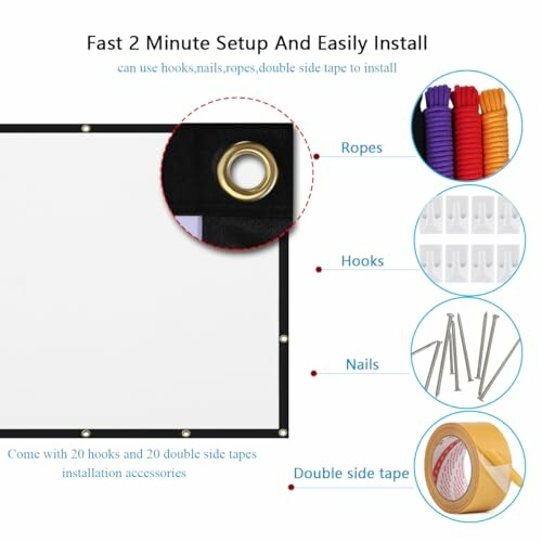 Installation accessories for projector screen including ropes, hooks, nails, and double-sided tape.