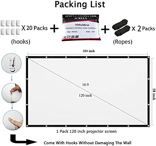 Packing list for a 120 inch projector screen with hooks and ropes.