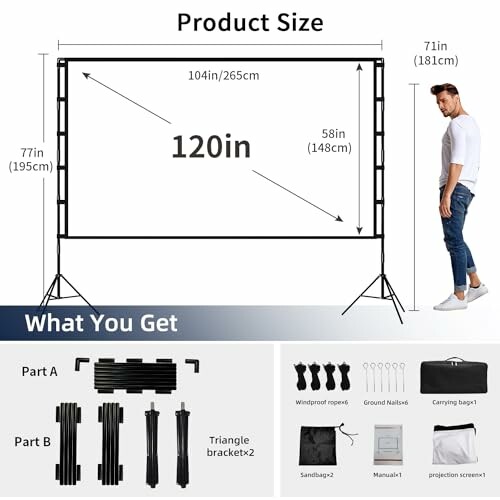 Projector screen setup with dimensions and included parts.