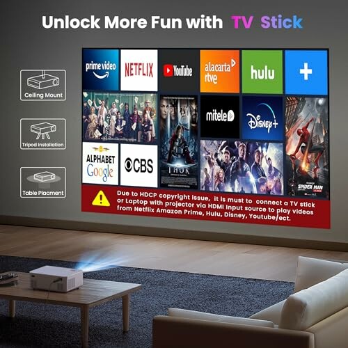 Projector displaying streaming services like Netflix and Disney+ with TV stick options.