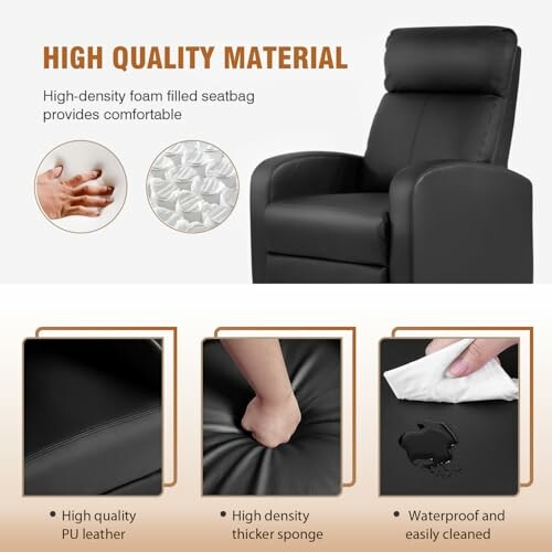 Recliner chair with high-density foam, PU leather, and waterproof features.