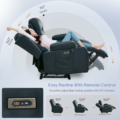 Woman relaxing on a recliner chair with remote control, adjustable positions.