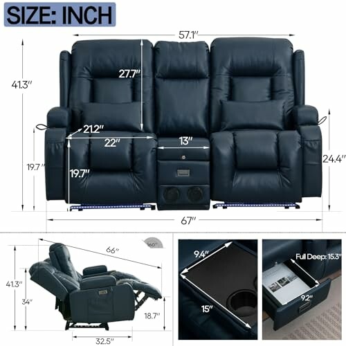 Dimensions and features of a black recliner sofa with cup holders and storage.