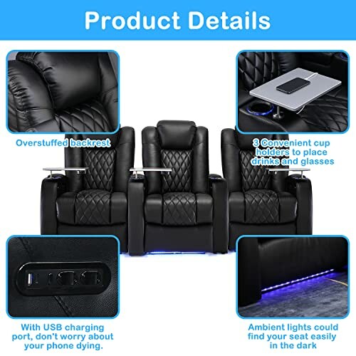 Recliner sofa with backrest, cup holders, USB port, and ambient lights.