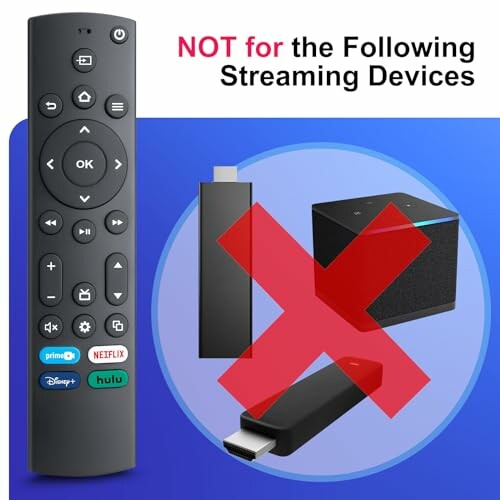 Remote control with a red X over streaming devices indicating incompatibility.