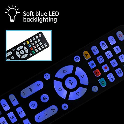 Remote control with soft blue LED backlighting.