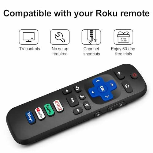 Roku compatible remote with channel shortcuts and free trial offer.