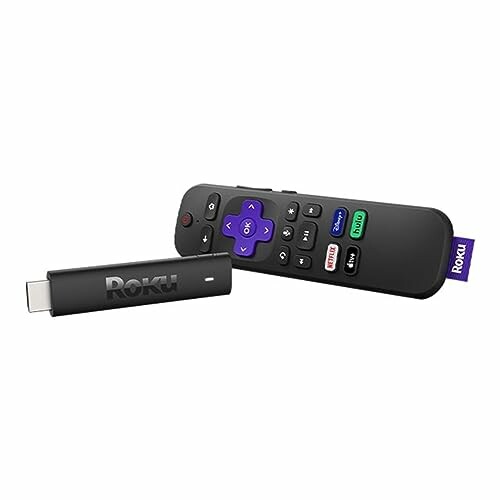 Roku streaming stick and remote control on white background