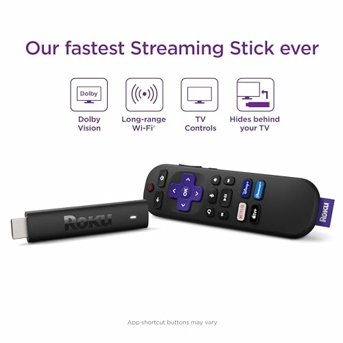 Roku streaming stick and remote with features highlighted.