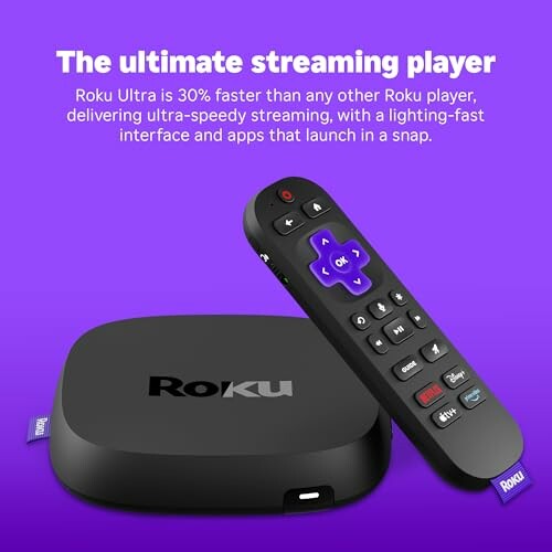 Roku Ultra streaming player and remote on purple background.