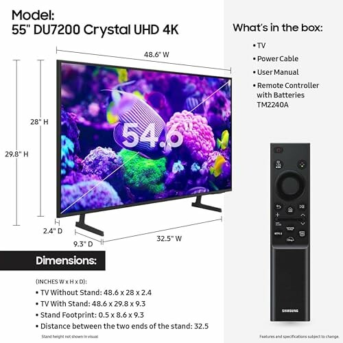 Samsung 55 inch Crystal UHD TV with dimensions and remote.