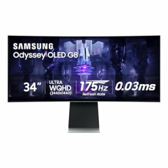 Samsung Odyssey OLED G8 34-inch monitor with Ultra WQHD, 175Hz refresh rate, 0.03ms response time.