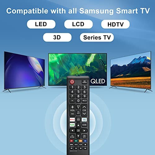 Remote compatible with Samsung Smart TV models including LED, LCD, HDTV, 3D, and Series TV.