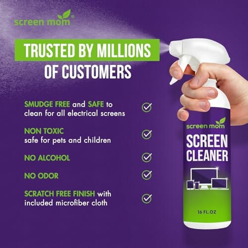 Screen Mom cleaner spray bottle with benefits listed.