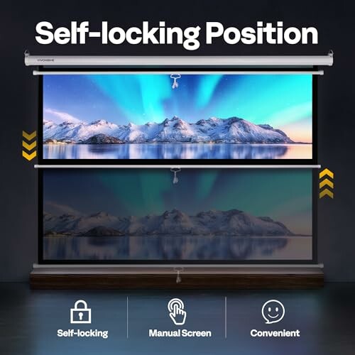 Self-locking manual projection screen with mountain and aurora image.