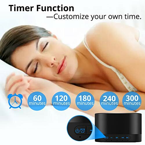 Woman sleeping with a timer function device showing options from 60 to 300 minutes.