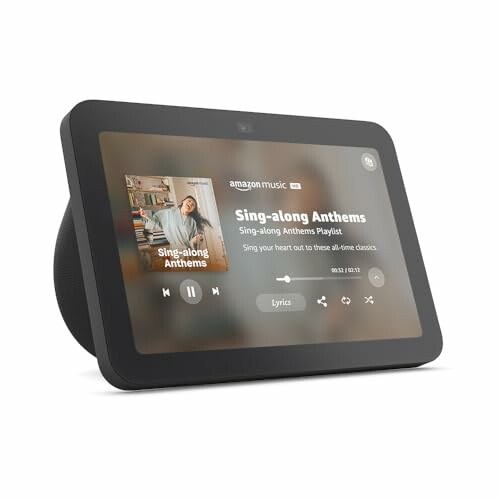 Smart display showing a music playlist titled 'Sing-along Anthems' on Amazon Music. 