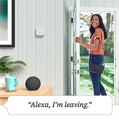 Woman leaving home with smart speaker and thermostat.