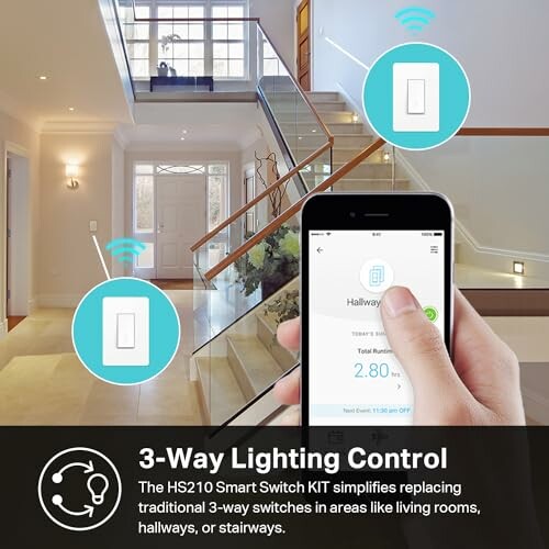 Smart switch controlling lights via smartphone in a modern home.