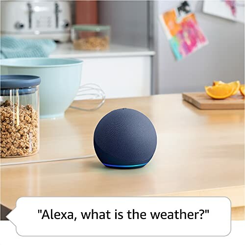 Smart speaker on kitchen counter with weather question.