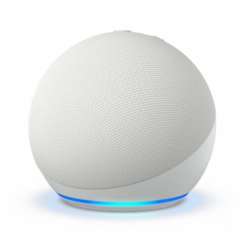 Round smart speaker with mesh surface and glowing base.