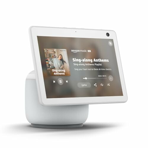 Smart speaker with display showing a music playlist.