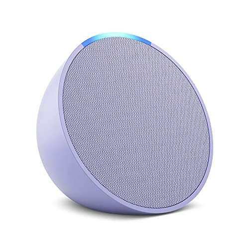 A sleek, modern smart speaker with a fabric front and blue light indicator.