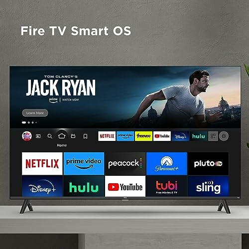 Smart TV displaying streaming apps like Netflix, Prime Video, and Hulu.