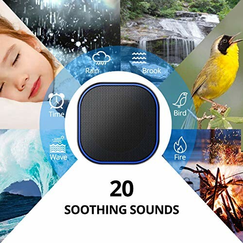 Sound machine with 20 soothing sound options including rain, brook, bird, fire, wave, and sleep.