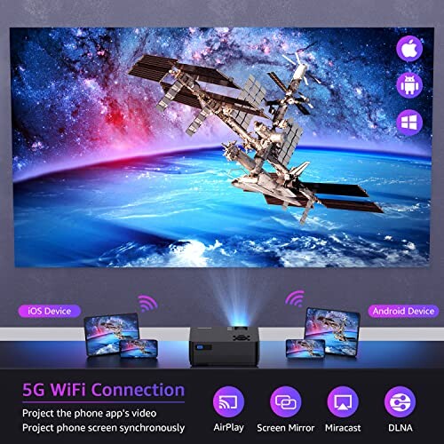 Projector displaying space station with 5G WiFi connection features for iOS and Android devices.