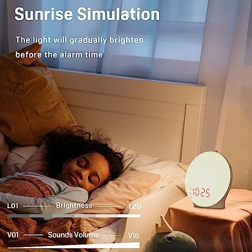 Child sleeping peacefully with a sunrise simulation alarm clock on a bedside table.