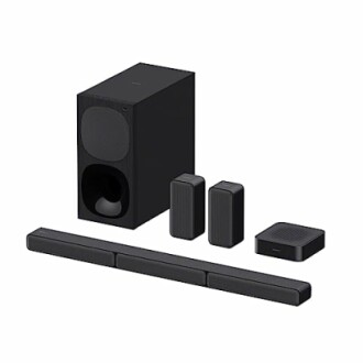 Home theater speaker system with subwoofer and soundbar.