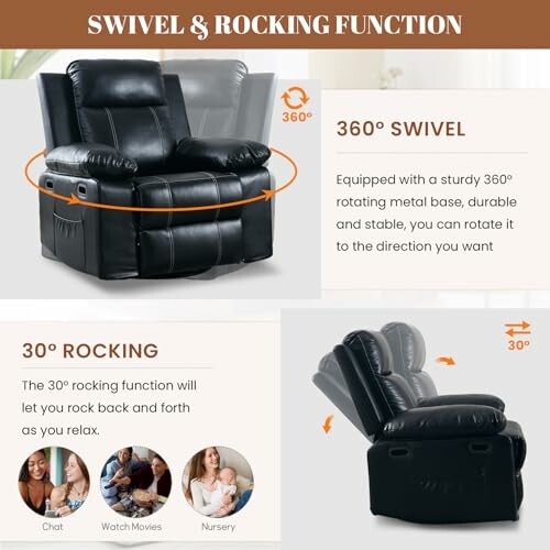 Recliner chair with swivel and rocking functions.