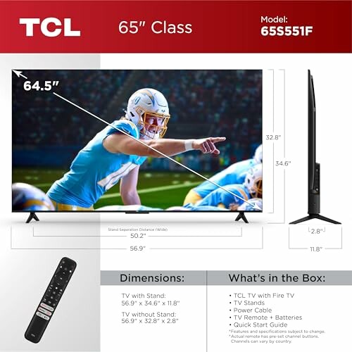 TCL 65-inch TV with dimensions and included accessories