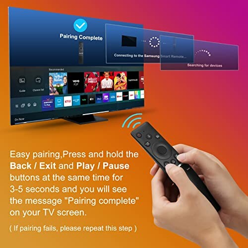 Instructions for pairing a remote with a Samsung TV, showing a hand holding the remote and a TV screen displaying pairing steps.