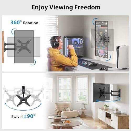 TV wall mount showing 360-degree rotation and 90-degree swivel features.