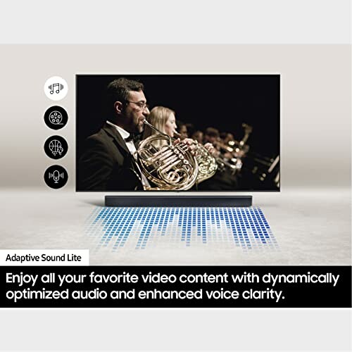 TV displaying musicians with adaptive sound and voice clarity features.