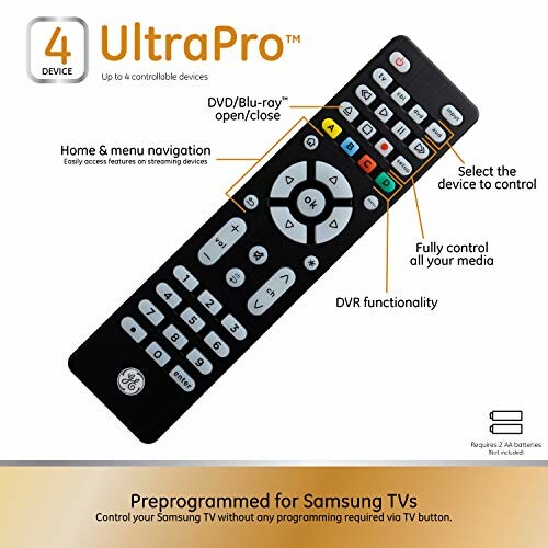 UltraPro universal remote control with labeled buttons and features.