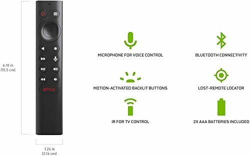 Universal remote control features including voice control, Bluetooth, backlit buttons, lost remote locator, IR for TV, and AAA batteries.