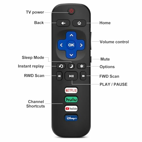 Universal remote control with labeled buttons for TV power, volume, streaming shortcuts, and navigation.