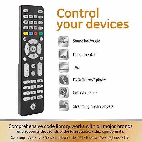 Universal remote control with device compatibility chart.