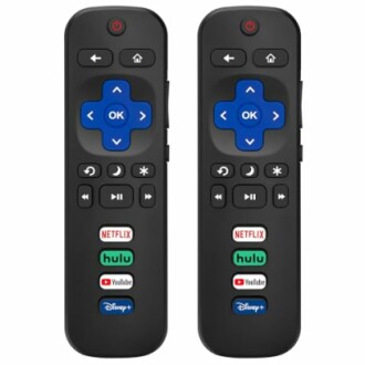 Two universal remote controls with Netflix, Hulu, Disney+ buttons.