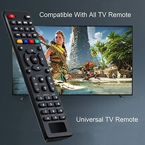 Universal TV remote control in front of a television displaying a video game.